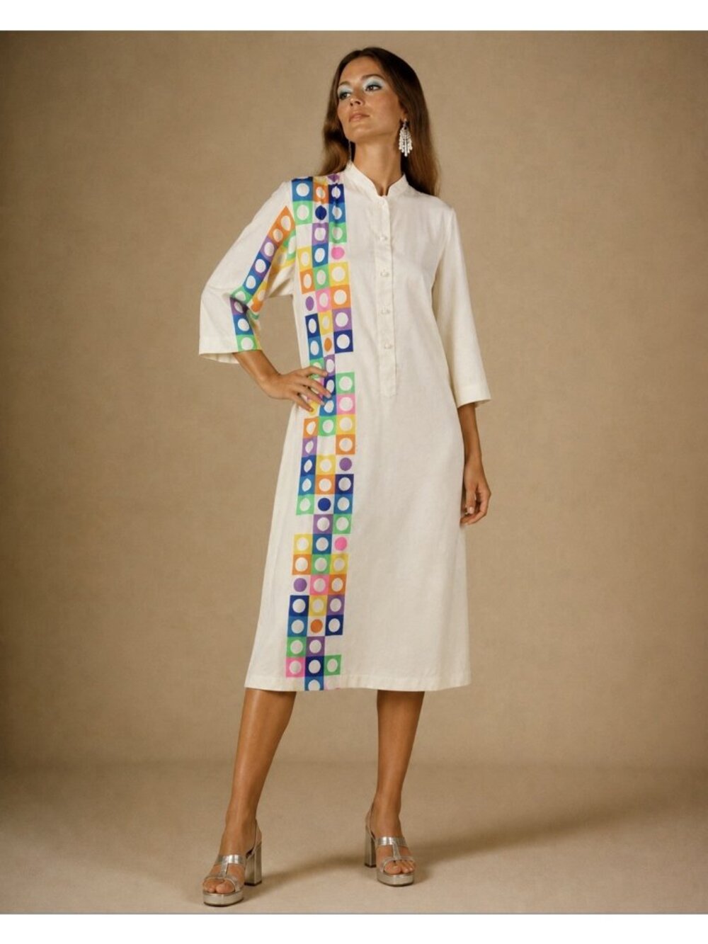 Vintage 1970s CATHERINE OGUST S White/Mod Colorful Dots Caftan Tunic Dress